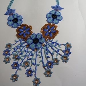 Handmade mexican Rain of flowers necklace,  blue and gold
